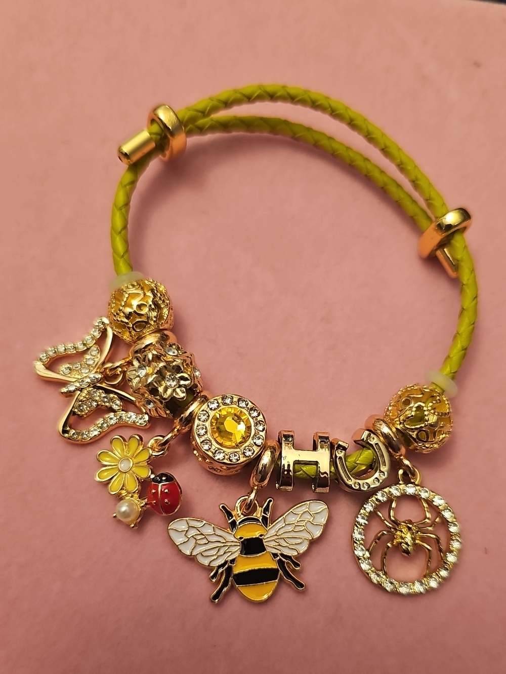 Gold Bee & Charm Green Leather Bracelet